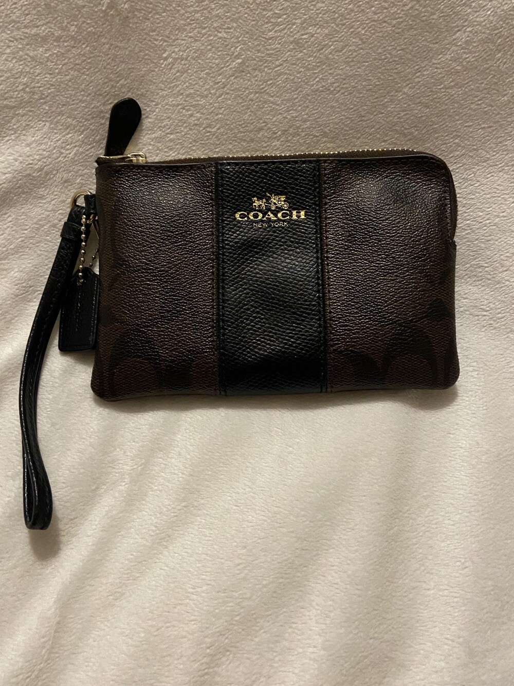 Coach Wristlet Brown Signature Canvas Black Leather Stripe Zippered Pouch F54629